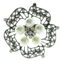 Flower Brooch-Pin With Crystal Accents Silver-Tone & White Colored #LQP760