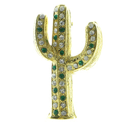 Cactus Brooch-Pin With Crystal Accents Gold-Tone & Green Colored #LQP787