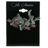 Cat Flowers Brooch-Pin Silver-Tone & Pink Colored #LQP796