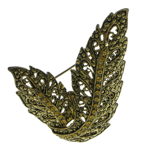 Leaf Brooch-Pin With Crystal Accents Gold-Tone & Yellow Colored #LQP906