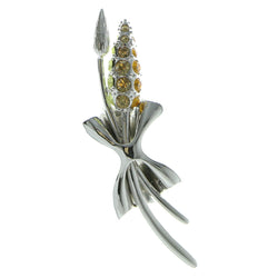 Silver-Tone & Yellow Colored Metal Brooch-Pin With Crystal Accents #LQP927
