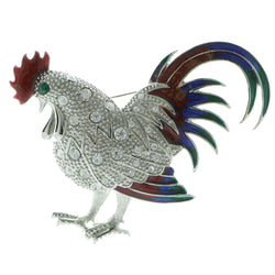 Rooster Brooch-Pin With Crystal Accents Silver-Tone & Multi Colored #LQP951