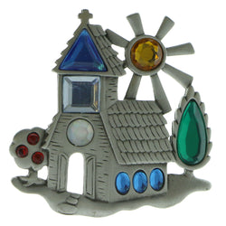Religious Church Brooch-Pin With Faceted Accents Silver-Tone & Multi Colored #LQP985