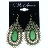 Faceted Dangle-Earrings With Crystal Accents Gold-Tone & Green Colored #MQE014