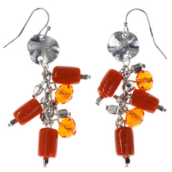Orange & Silver-Tone Colored Metal Dangle-Earrings With Bead Accents #MQE027