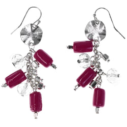 Pink & Silver-Tone Colored Metal Dangle-Earrings With Bead Accents #MQE030