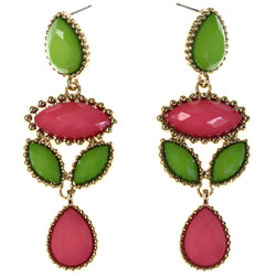 Faceted Teardrop Drop-Dangle-Earrings With Bead Accents Green & Pink Colored #MQE033