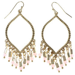 Gold-Tone & Pink Colored Metal Dangle-Earrings With Bead Accents #MQE047