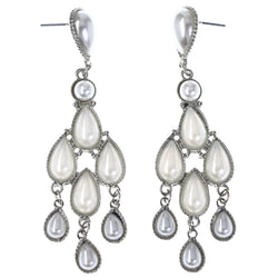 White & Silver-Tone Colored Metal Drop-Dangle-Earrings With Bead Accents #MQE049