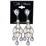 White & Silver-Tone Colored Metal Drop-Dangle-Earrings With Bead Accents #MQE049