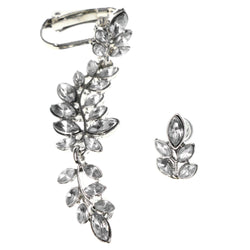 Leaf Ivy Clip-On Ear Cuff Stud-Earrings With Crystal Accents Silver-Tone Color #MQE055