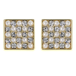 Gold-Tone & White Colored Metal Stud-Earrings With Crystal Accents #MQE079