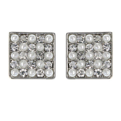 Silver-Tone & White Colored Metal Stud-Earrings With Crystal Accents #MQE080