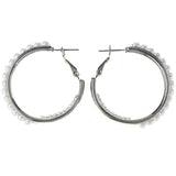 Silver-Tone & White Colored Metal Hoop-Earrings With Bead Accents #MQE081