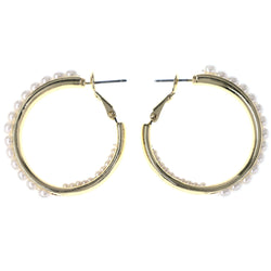 Gold-Tone & White Colored Metal Hoop-Earrings With Bead Accents #MQE082