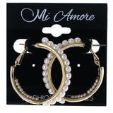 Gold-Tone & White Colored Metal Hoop-Earrings With Bead Accents #MQE082