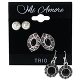Earring Set Stud-Earrings With Crystal Accents Silver-Tone & Black Colored #MQE083