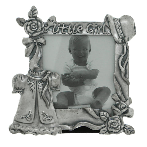 Dress & Flowers Little Girl Holds approx. 2.5x2.5in Photo Picture-Frame Pewter Color  #PF105