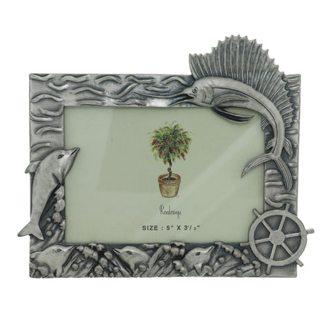 Ocean Themed Fish Holds approx. 5x3.5in Photo Picture-Frame Pewter Color  #PF84