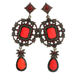 Gold-Tone & Red Colored Metal Drop-Dangle-Earrings With Crystal Accents #4197
