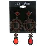 Gold-Tone & Red Colored Metal Drop-Dangle-Earrings With Crystal Accents #4197