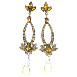 Gold-Tone & Orange Colored Metal Dangle-Earrings With Crystal Accents #4214