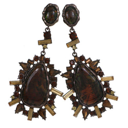 Bronze-Tone & Brown Colored Metal Drop-Dangle-Earrings With Crystal Accents #4193