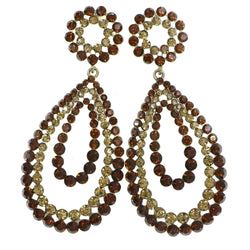 Gold-Tone & Brown Colored Metal Drop-Dangle-Earrings With Crystal Accents #4184