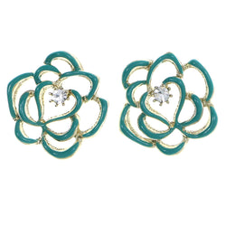 Flower Stud-Earrings With Crystal Accents Gold-Tone & Blue Colored #4223