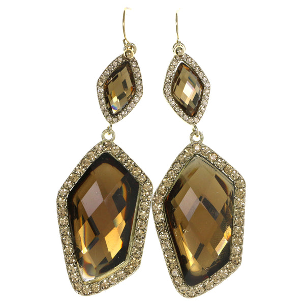 Gold-Tone & Yellow Colored Metal Drop-Dangle-Earrings With Crystal Accents #4189