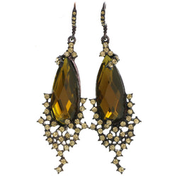 Bronze-Tone & Yellow Colored Metal Dangle-Earrings With Crystal Accents #4199