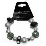 White & Gray Colored Acrylic Beaded-Stretch-Bracelet With Crystal Accents #2363