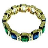 Gold-Tone & Green/Blue Colored Metal Stretch-Bracelet With Crystal Accents #2364