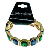 Gold-Tone & Green/Blue Colored Metal Stretch-Bracelet With Crystal Accents #2364