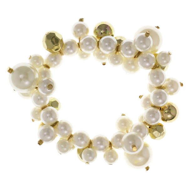 White & Gold-Tone Colored Acrylic Stretch-Bracelet With Bead Accents #2387