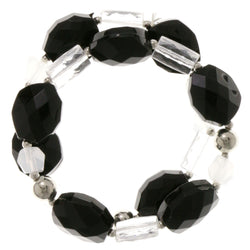 Black & Silver-Tone Colored Acrylic Stretch-Bracelet With Bead Accents #2402