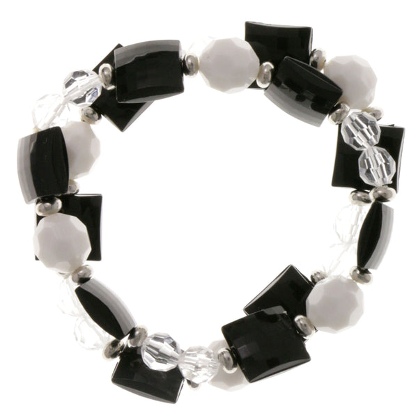 Black & White Colored Acrylic Stretch-Bracelet With Bead Accents #2410
