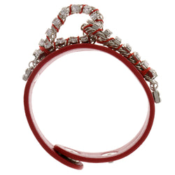 Red & Silver-Tone Colored Fabric Strap-Bracelet With Crystal Accents #2412