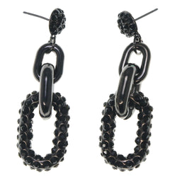 Silver-Tone & Black Colored Metal Dangle-Earrings With Crystal Accents #1602