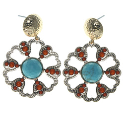Flower Dangle-Earrings With Faceted Accents Gold-Tone & Blue Colored #1603
