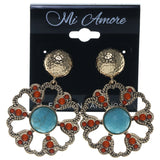 Flower Dangle-Earrings With Faceted Accents Gold-Tone & Blue Colored #1603