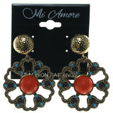 Flower Dangle-Earrings With Faceted Accents Gold-Tone & Orange Colored #1604