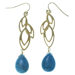 Gold-Tone & Blue Colored Metal Dangle-Earrings With Bead Accents #1606