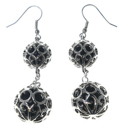 Silver-Tone & Black Colored Metal Dangle-Earrings With Bead Accents #1609