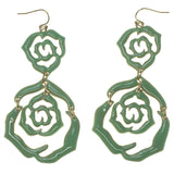 Rose Dangle-Earrings Green & Gold-Tone Colored #1613