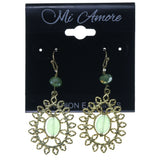 Cross Dangle-Earrings With Bead Accents Gold-Tone & Green Colored #1620
