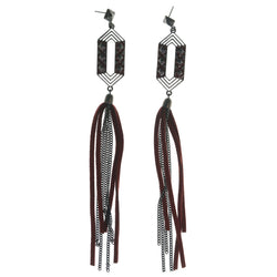 Bronze-Tone & Red Colored Metal Dangle-Earrings With Tassel Accents #1630