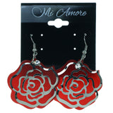 Rose Sparkle Dangle-Earrings With Crystal Accents Red & Silver-Tone Colored #1626