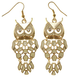 Owl Dangle-Earrings With Crystal Accents White & Gold-Tone Colored #1636