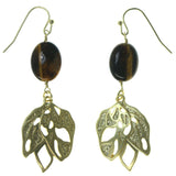 Gold-Tone & Brown Colored Metal Dangle-Earrings With Bead Accents #1641